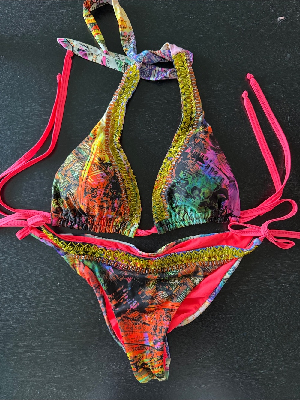 Embroidered Multicolor Tie-Dye Two-Piece One-Piece Style Swimsuit with Pink Acc